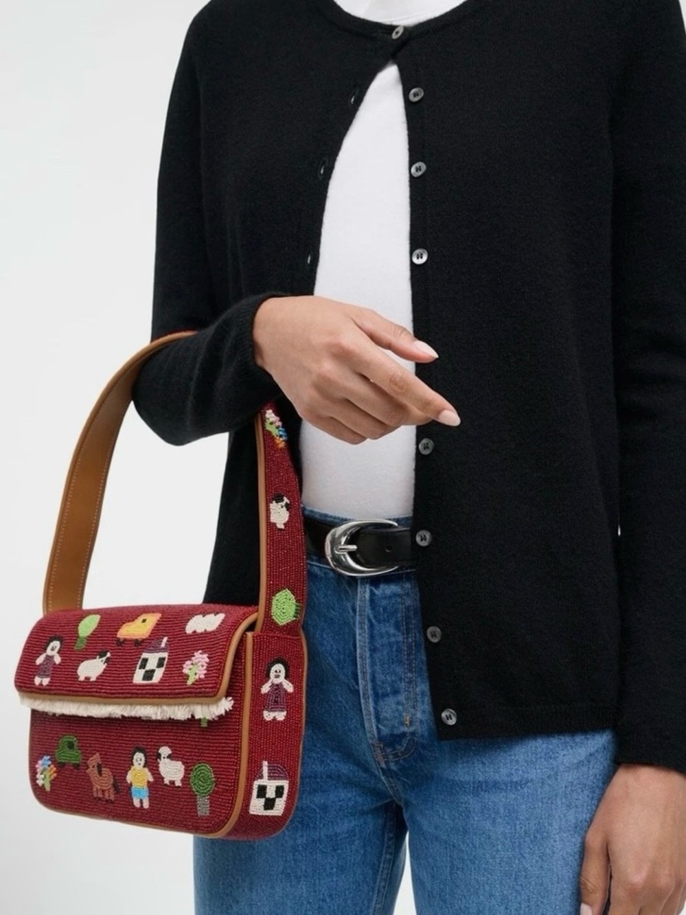 STAUD Tommy Beaded / Embroidered Folk Town Shoulder Bag Red W Tan Trim $325 MSRP - Picture 4 of 17